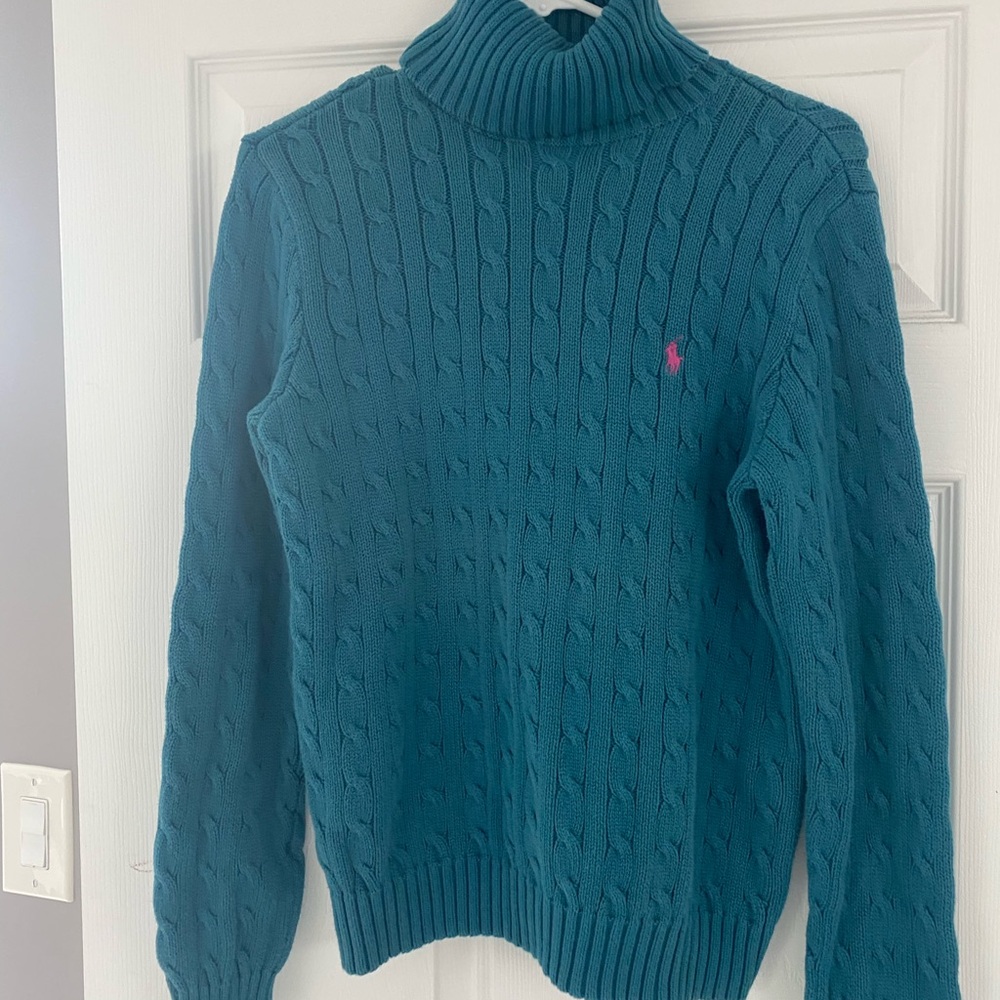 Teal Ralph Lauren Cable Knit Turtleneck Sweater